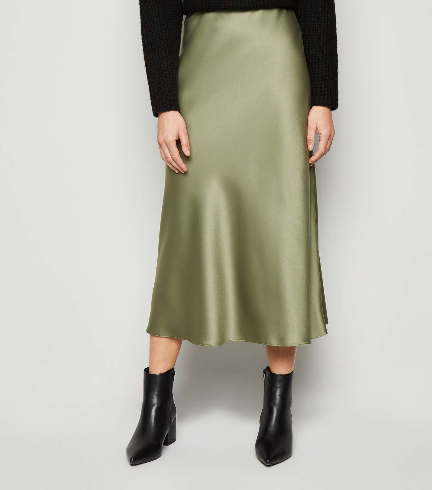 Khaki Satin Bias Cut Midi Skirt Image 2