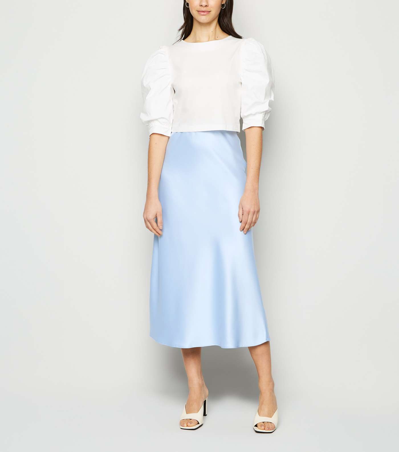 Pale Blue Bias Cut Satin Midi Skirt