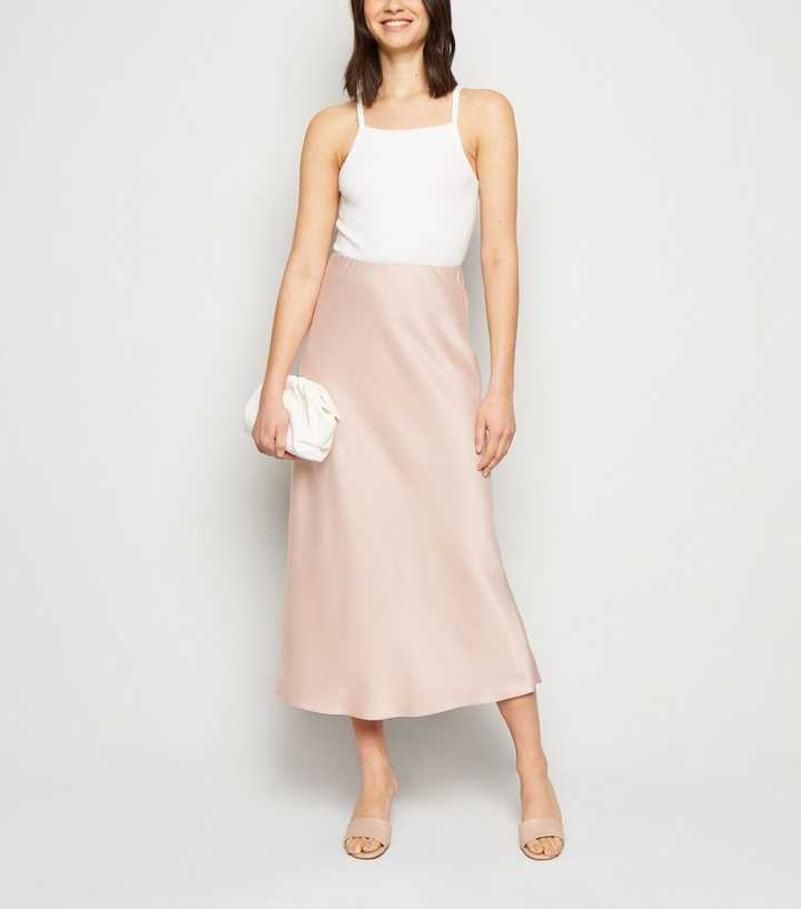 Mid Pink Bias Cut Satin Midi Skirt