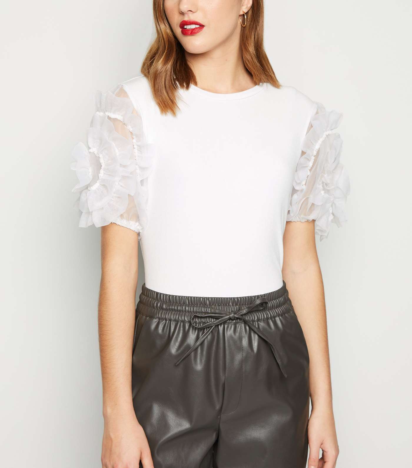 Cameo Rose White Ribbed Mesh Sleeve Top