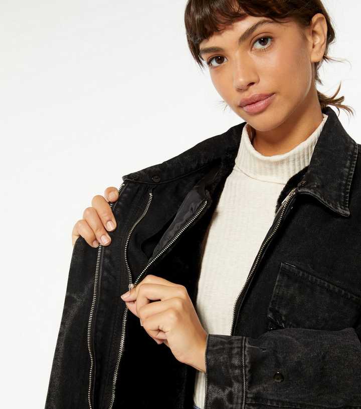 FAUX SHEARLING TRIM DENIM JACKET - Black