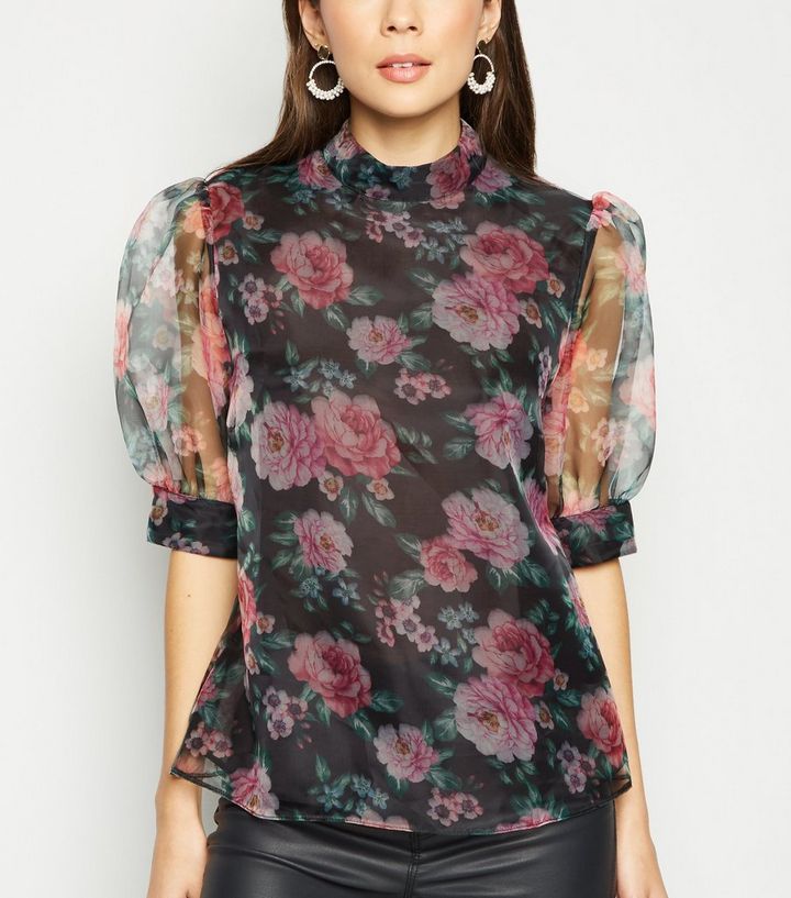 Black Floral High Neck Organza Blouse New Look