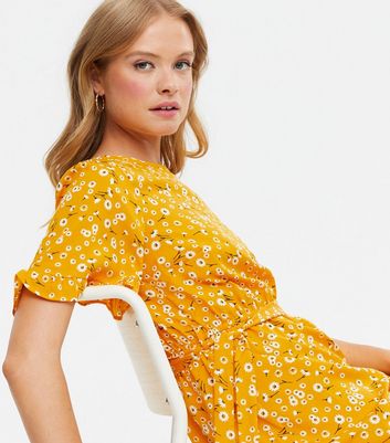 Yellow Floral Belted Mini Dress New Look