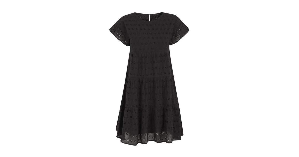 Black Cap Sleeve Broderie Smock Dress | New Look