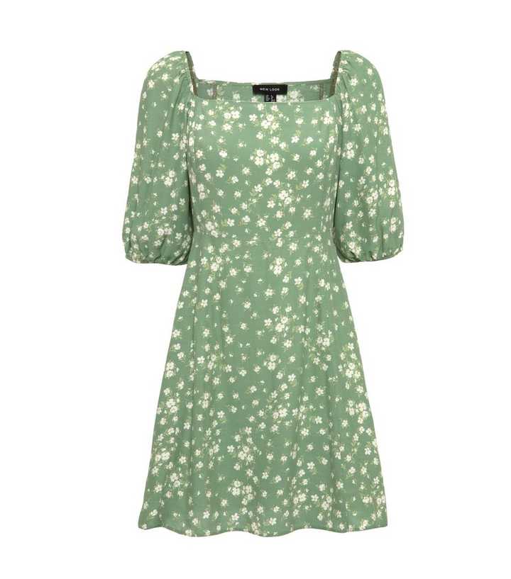 Green Floral Square Neck Puff Sleeve Dress