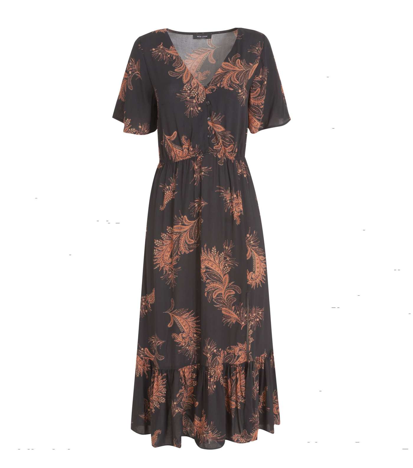 Black Paisley Button Front Tiered Midi Dress 