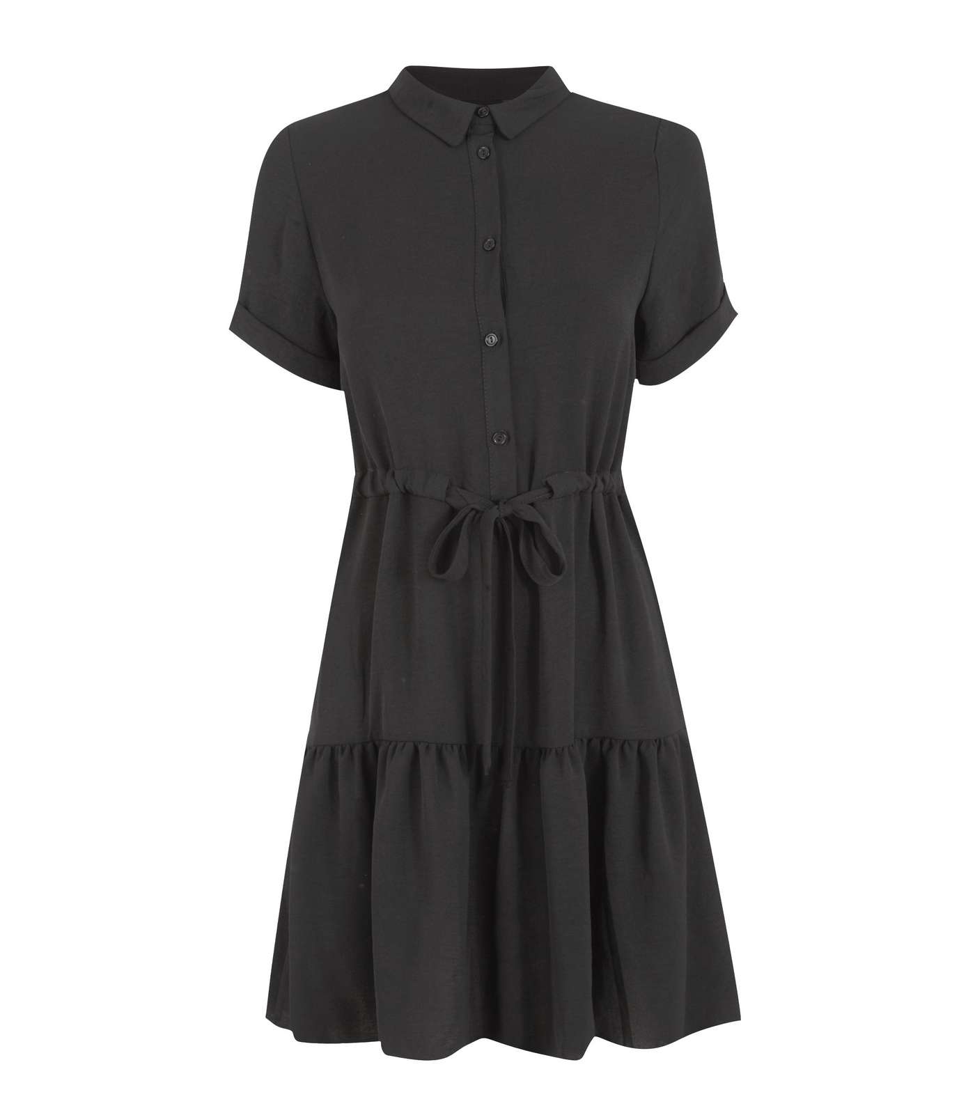 Black Drawstring Waist Tiered Shirt Dress 