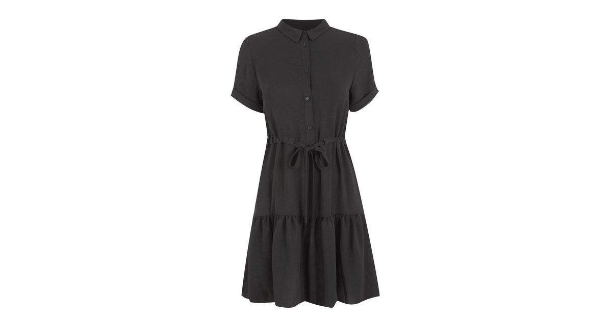 Black Drawstring Waist Tiered Shirt Dress New Look