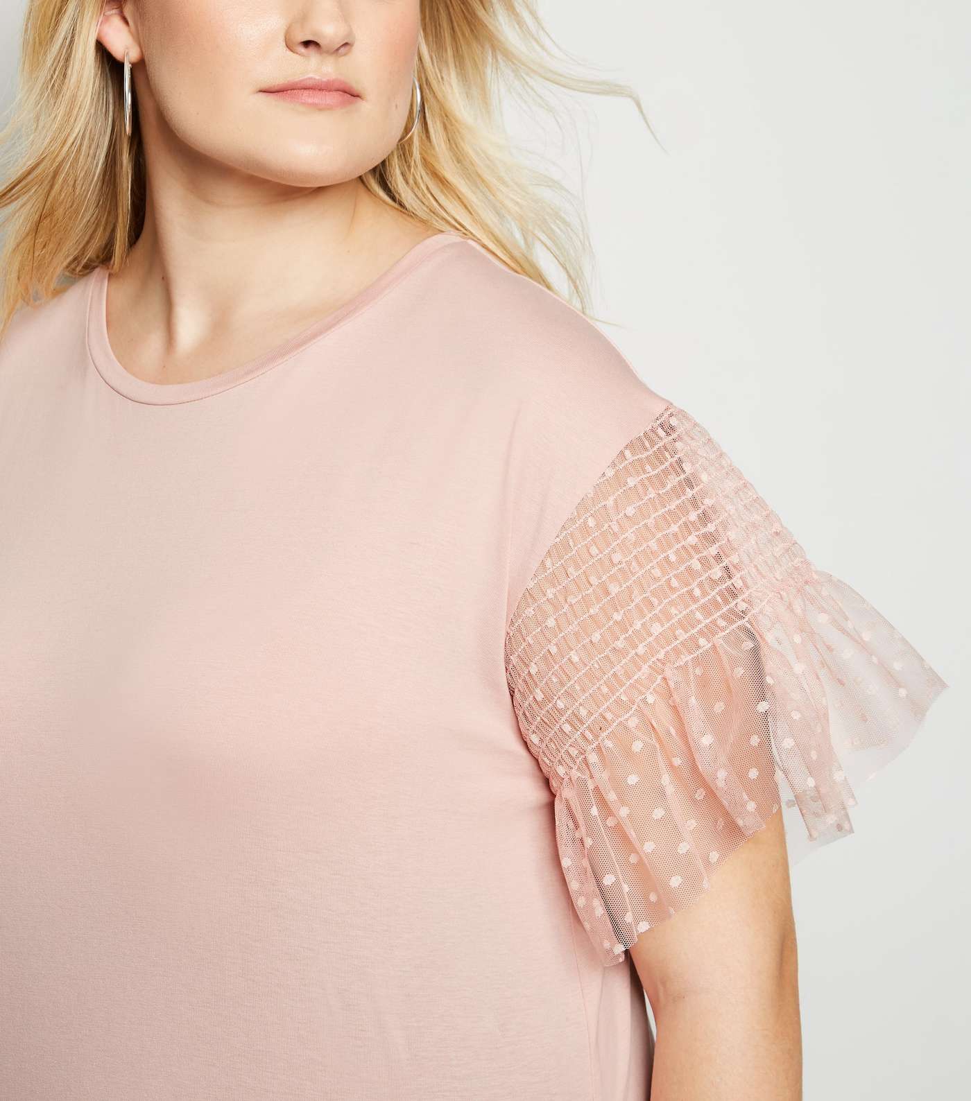 Curves Pale Pink Spot Mesh Sleeve T-Shirt Image 5