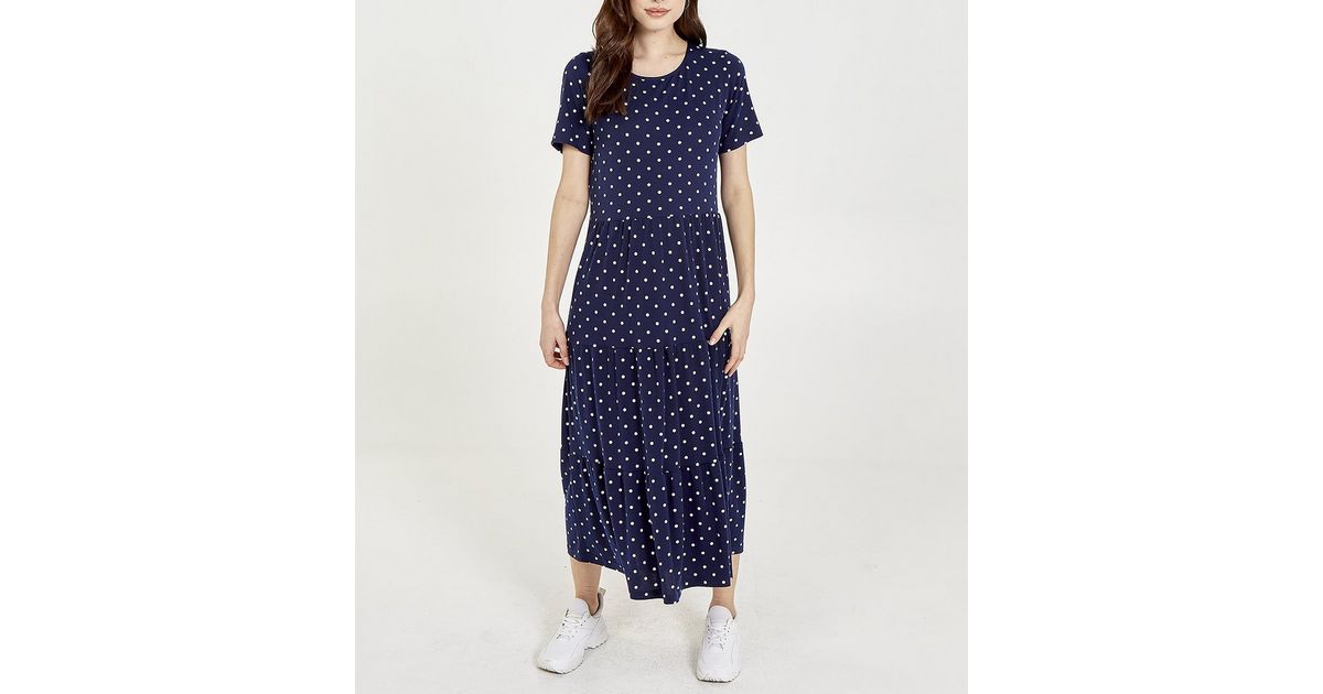 Blue Vanilla Navy Spot Tiered Midi Smock Dress New Look
