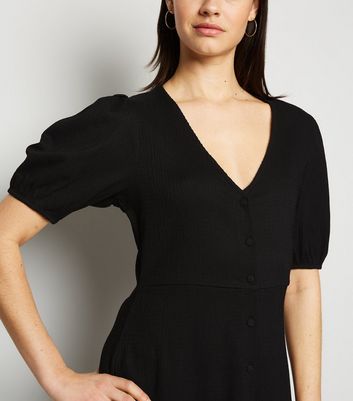 Black Crinkle Button Front Mini Dress 
