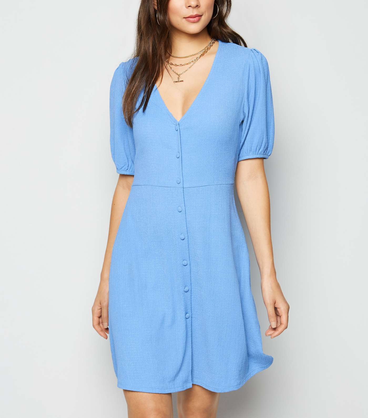 Blue Crinkle Button Front Mini Dress