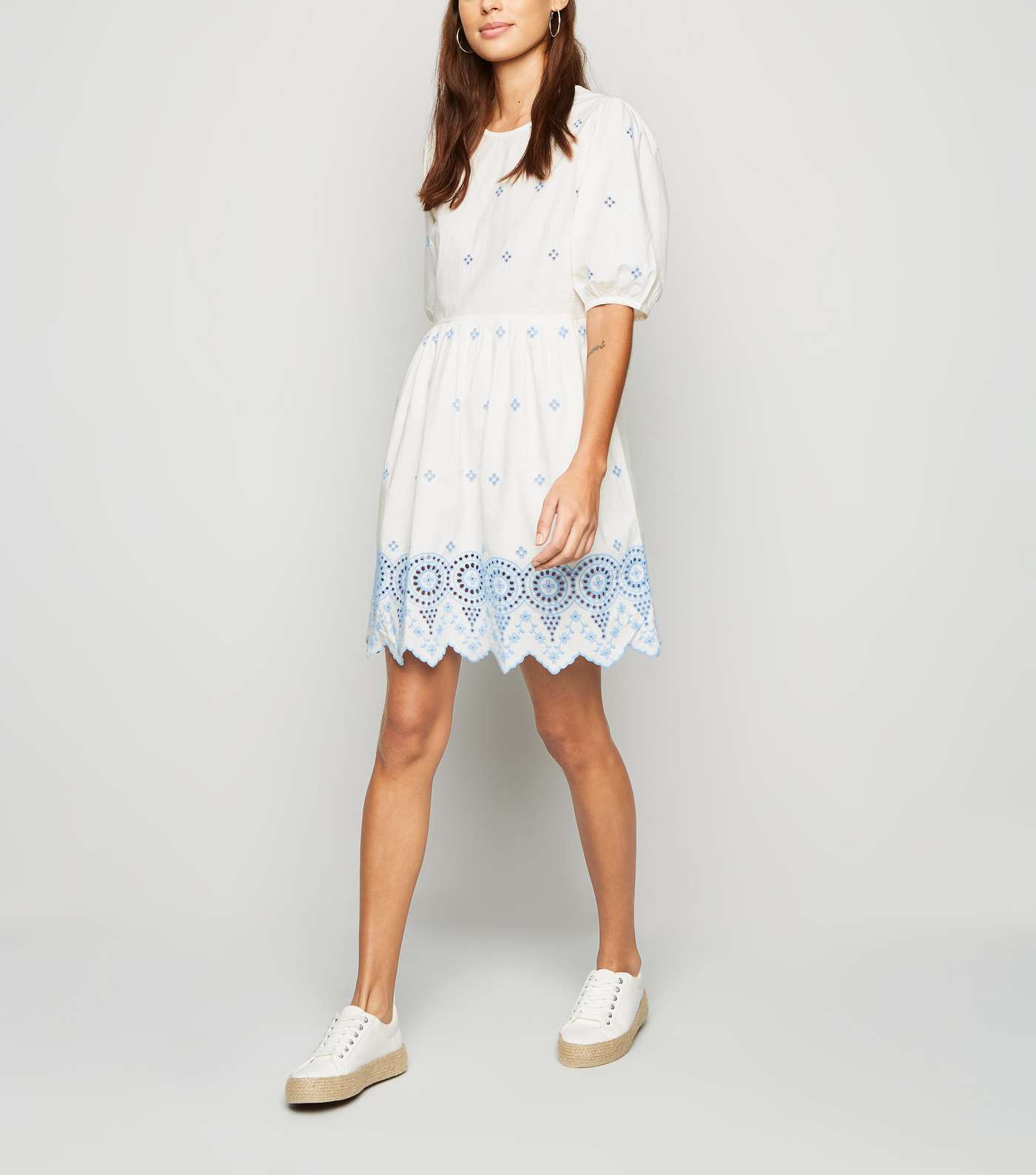 White Floral Embroidered Crochet Mini Smock Dress Image 2