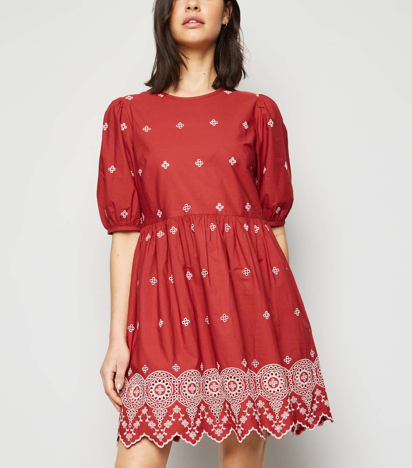 Rust Floral Embroidered Crochet Mini Smock Dress