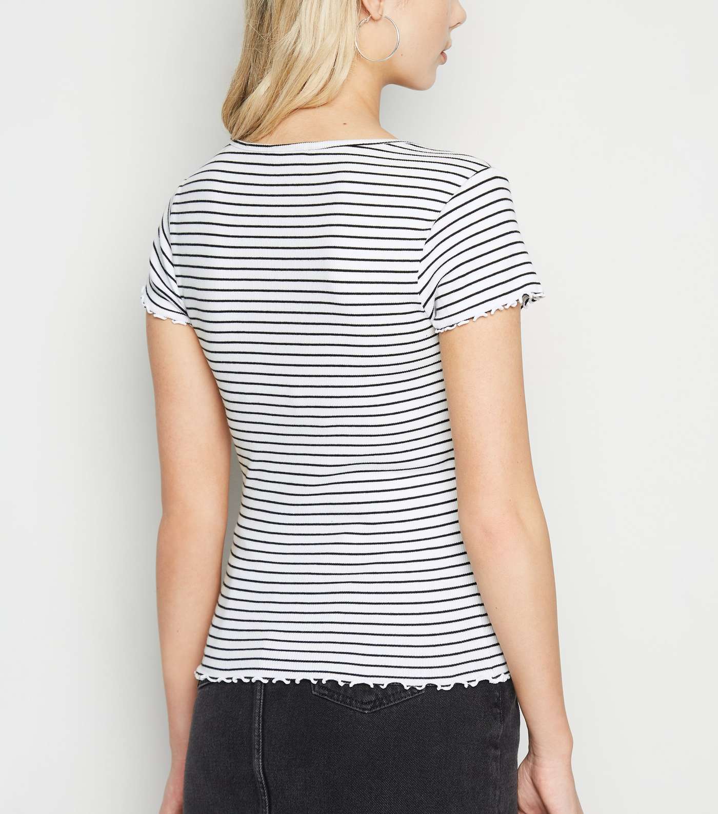 White Stripe Ribbed Frill Trim T-Shirt Image 3