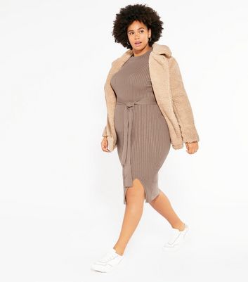 Curves Camel Ribbed Tie Waist Midi 