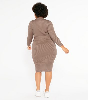 Curves Camel Ribbed Tie Waist Midi 