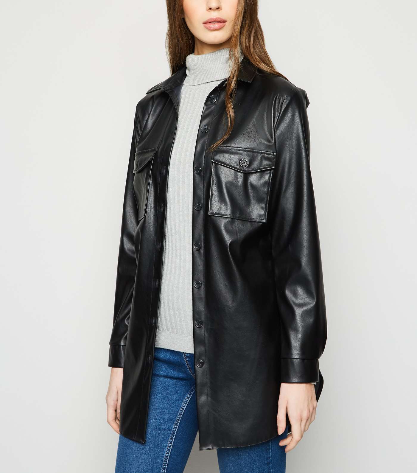 Black Leather-Look Belted Shirt Image 6