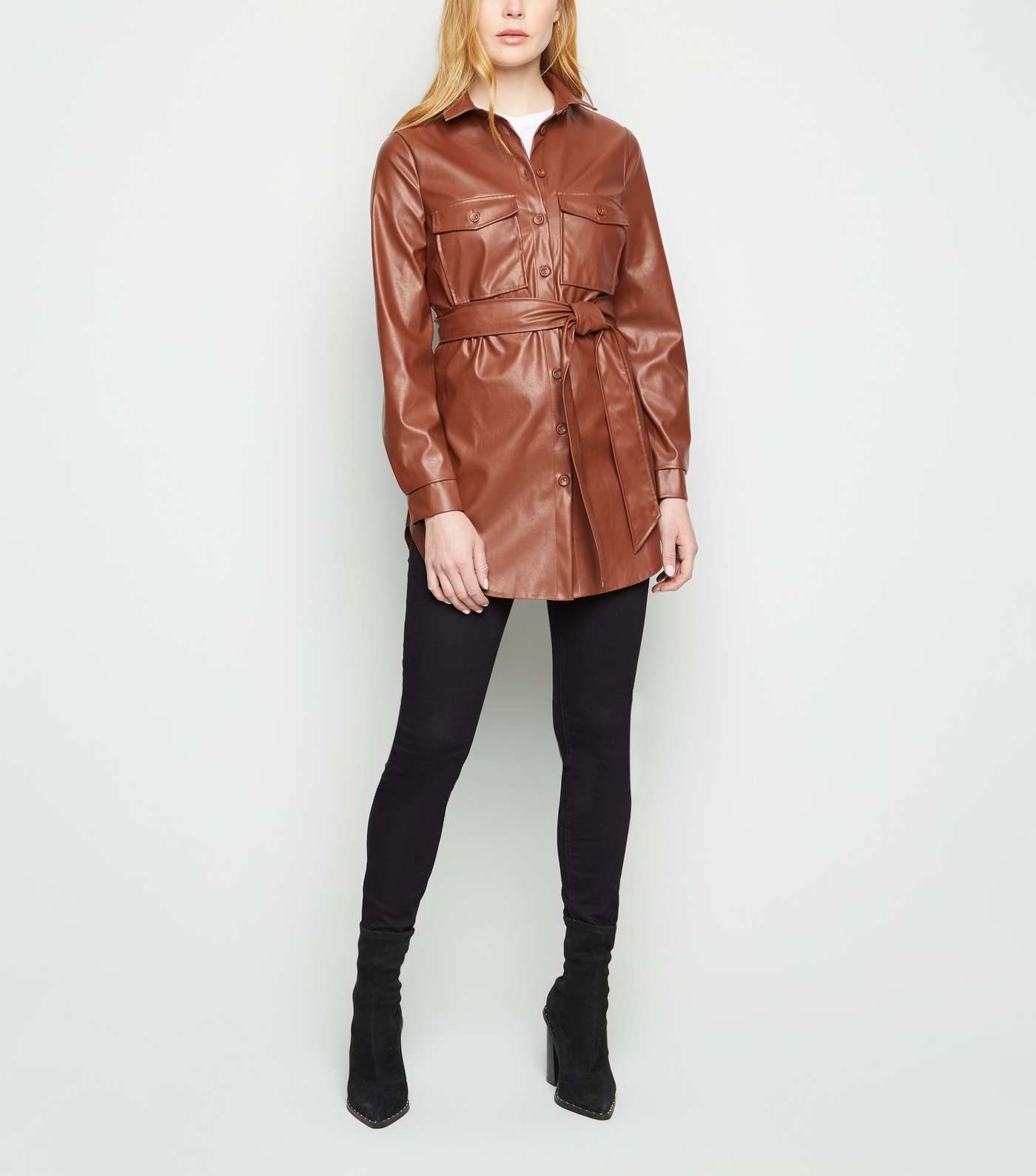 Tan Leather-Look Belted Shirt Image 2