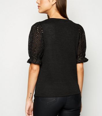 Image of Black Fine Knit Broderie Puff Sleeve Top New Look
