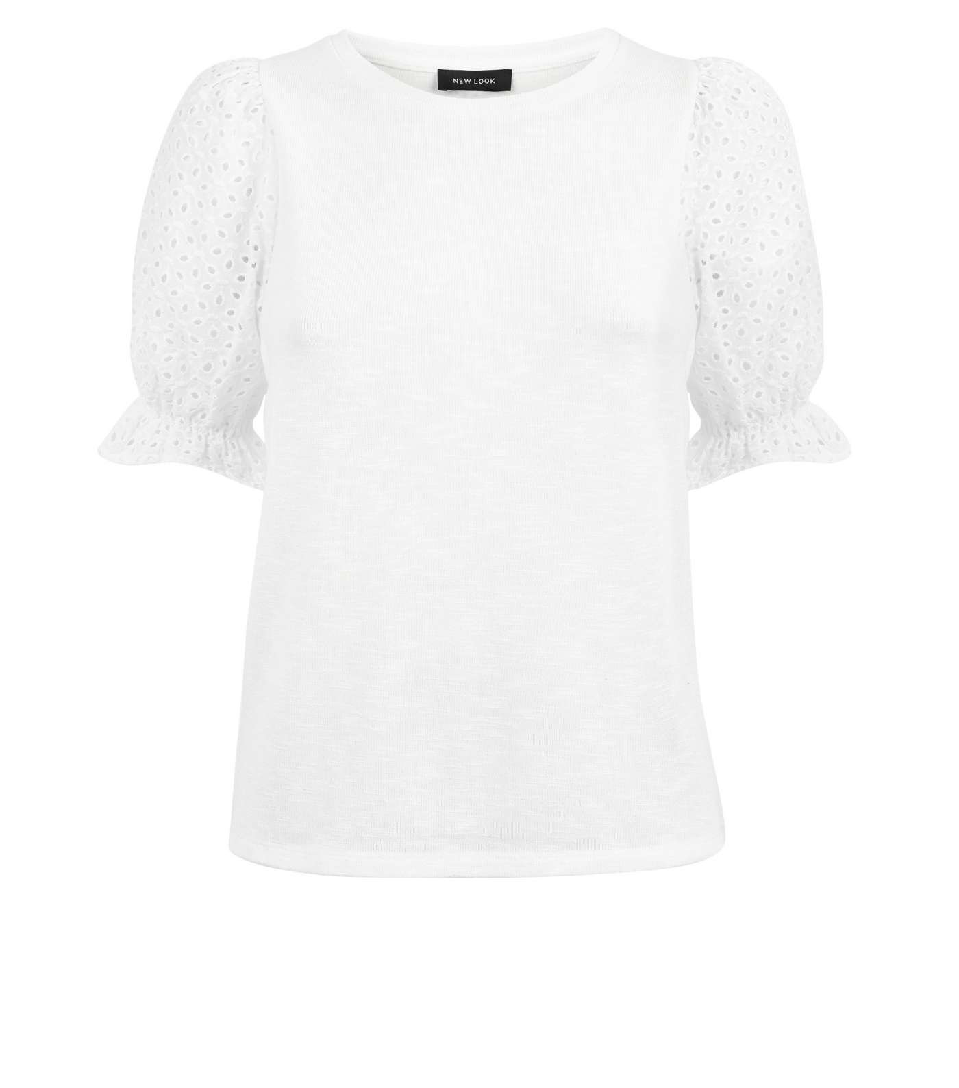White Fine Knit Broderie Puff Sleeve Top Image 4