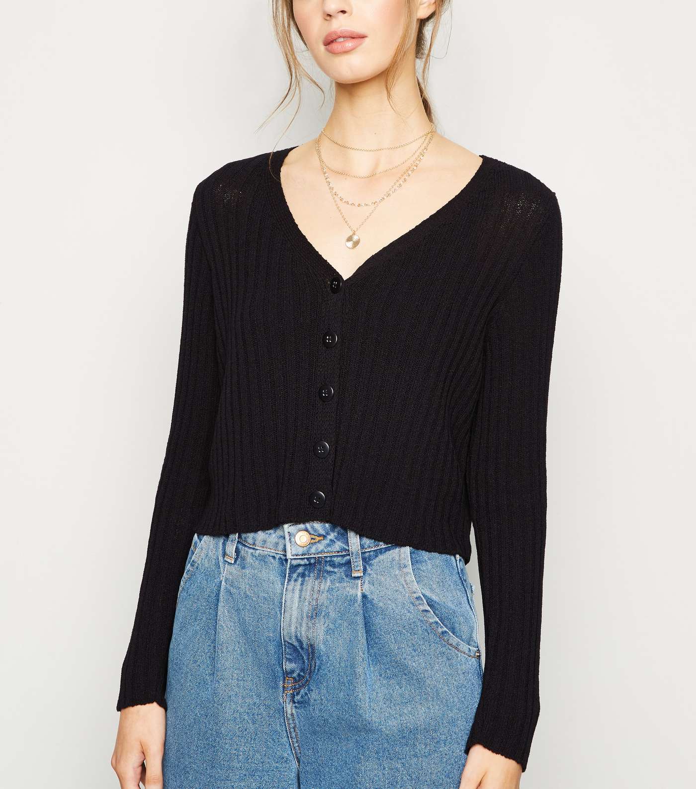 Black Button Up Ribbed Knit Cardigan