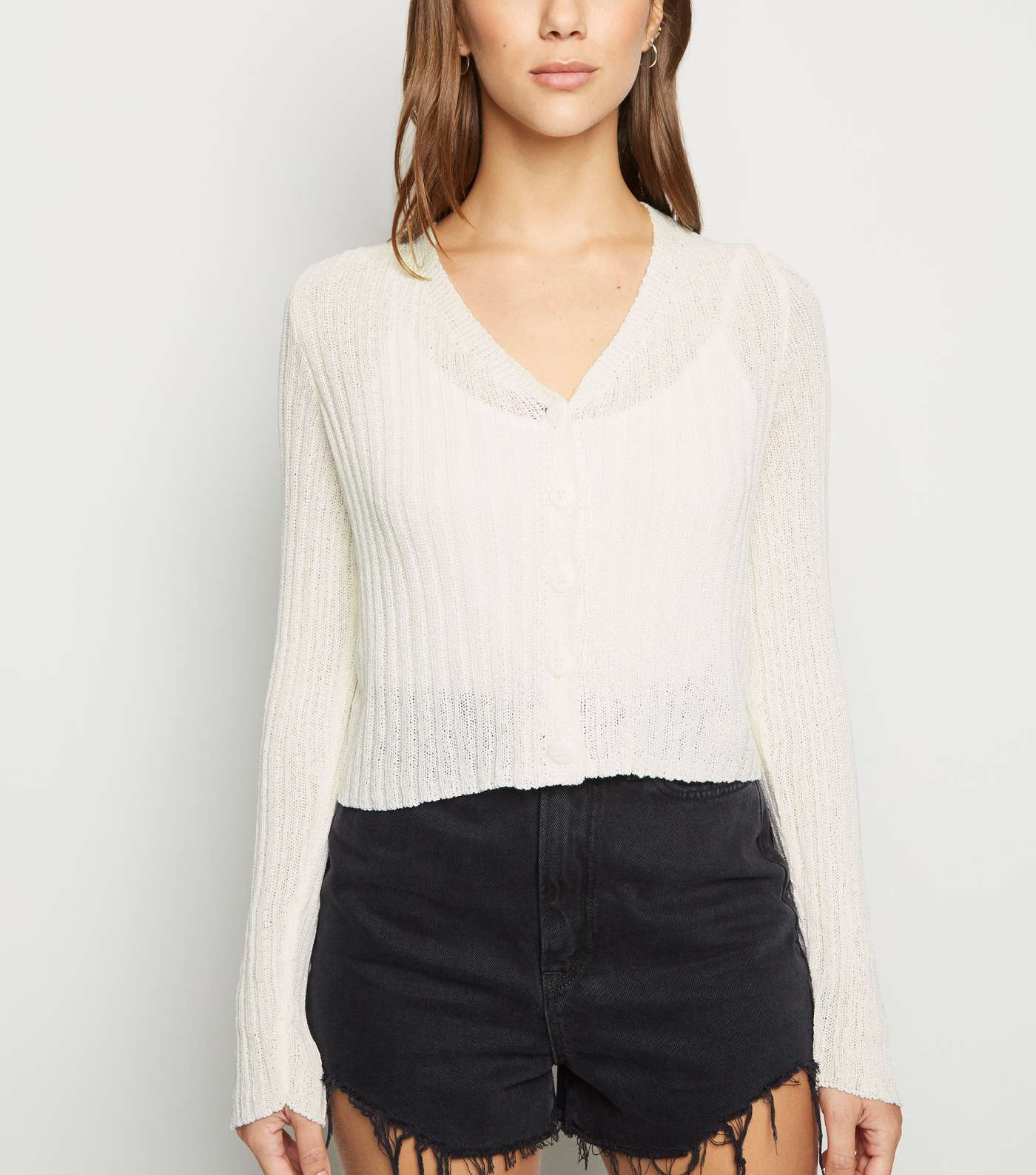 White Button Up Ribbed Knit Cardigan
