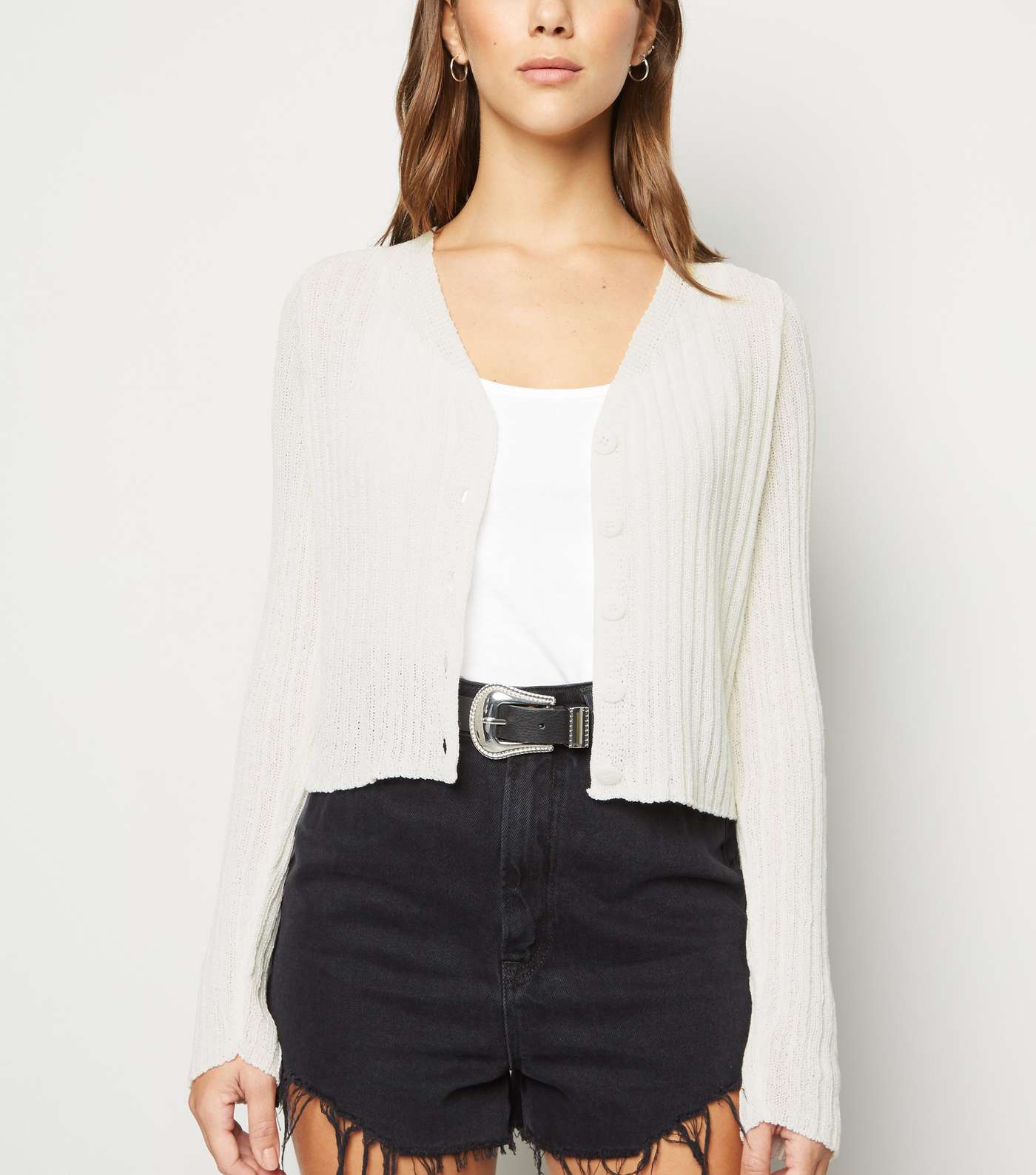 White Button Up Ribbed Knit Cardigan Image 5