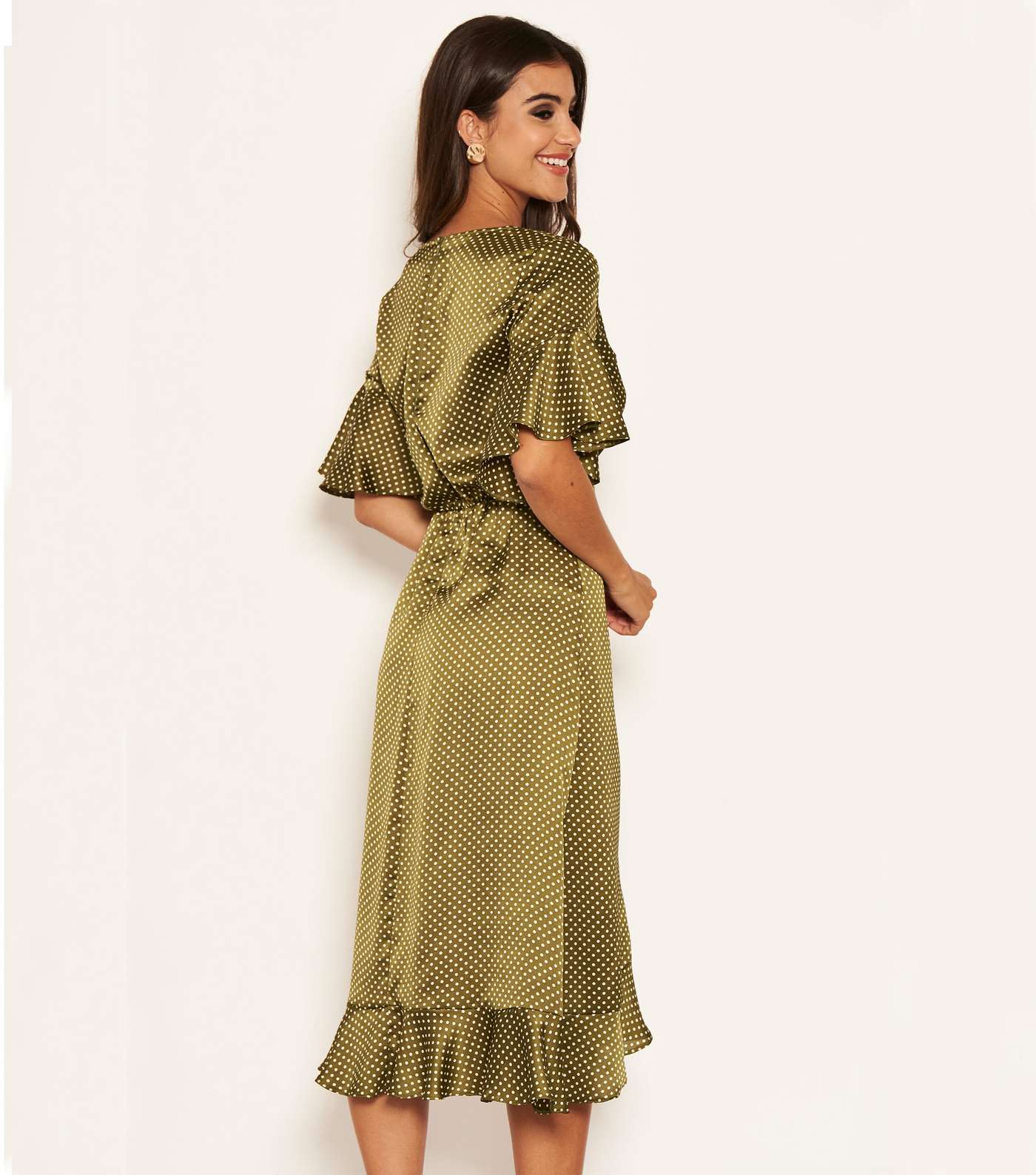 AX Paris Green Satin Spot Frill Midi Dress Image 5