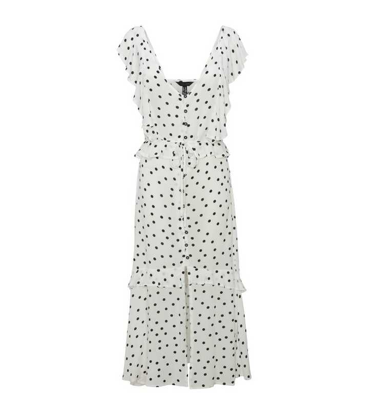White Spot Frill Button Front Midi Dress 