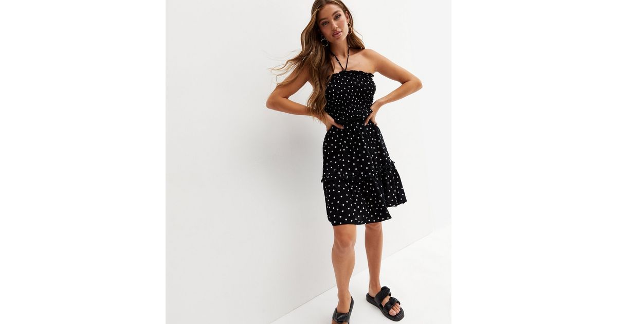 Black Spot Shirred Mini Halter Beach Dress | New Look