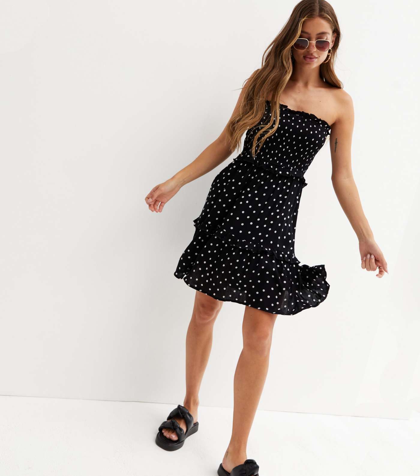 Black Spot Shirred Mini Halter Beach Dress Image 2