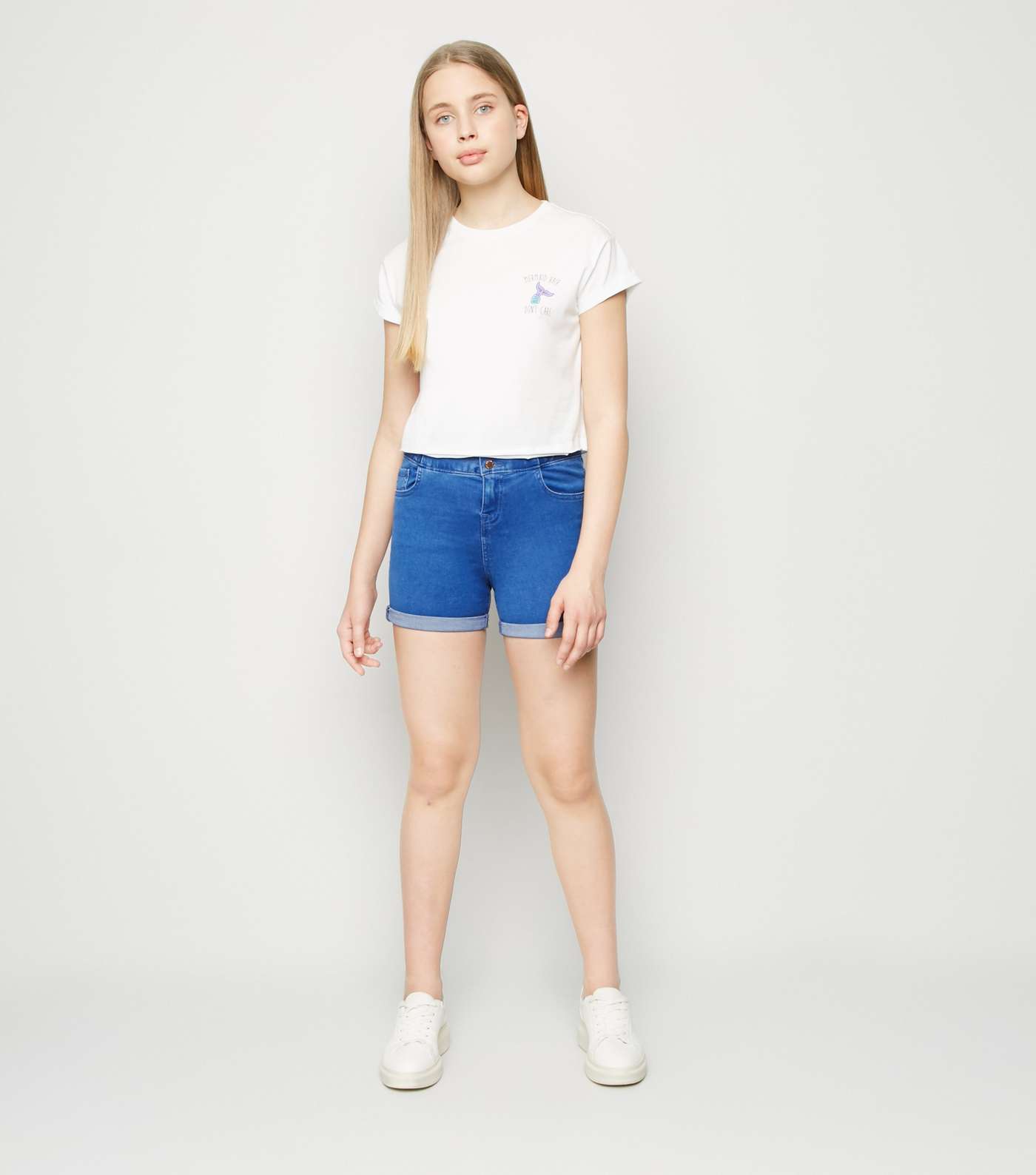 Girls Blue High Waist Denim Shorts Image 2