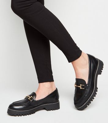 Black Leather Chunky Cleated Loafers 