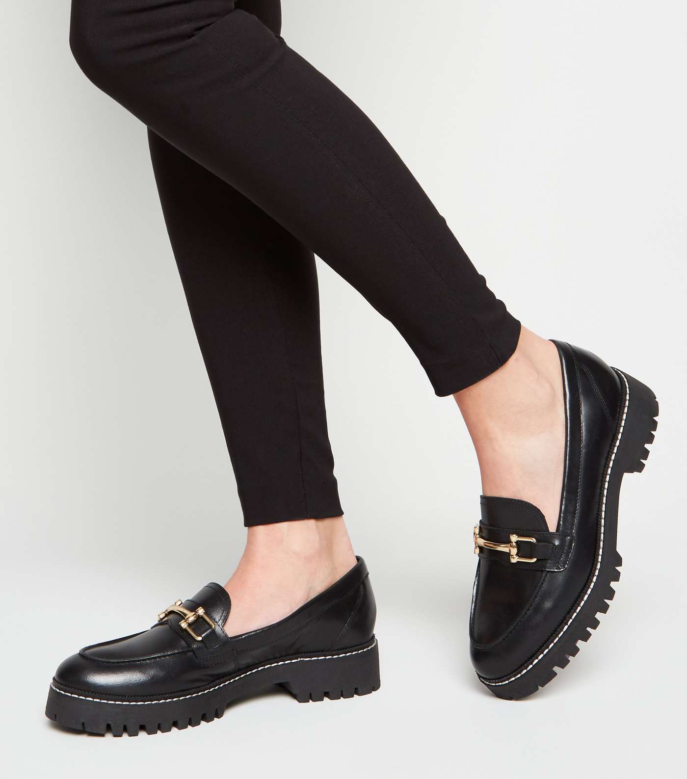 Black Leather Chunky Cleated Loafers Image 2