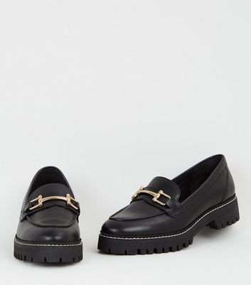 Black Leather Chunky Cleated Loafers 