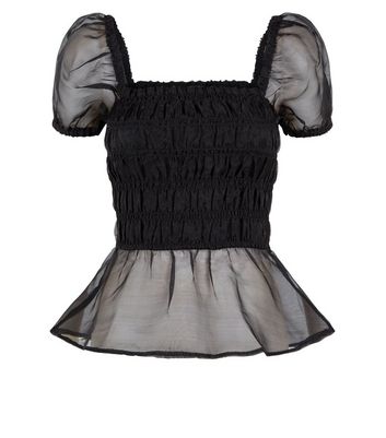 Image of Black Organza Shirred Puff Sleeve Top New Look