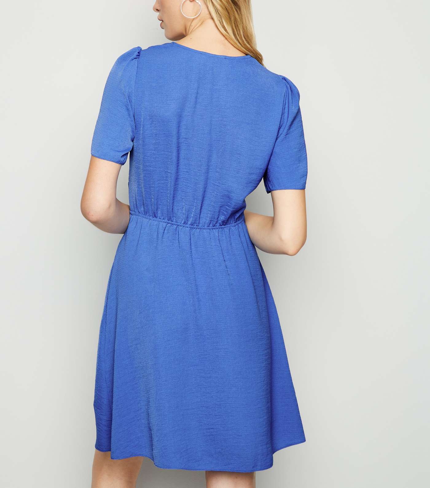 Blue Button Puff Sleeve Tea Dress Image 3