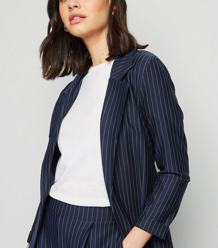 Marineblauer Blazer Mit Nadelstreifen Und Gurtel New Look