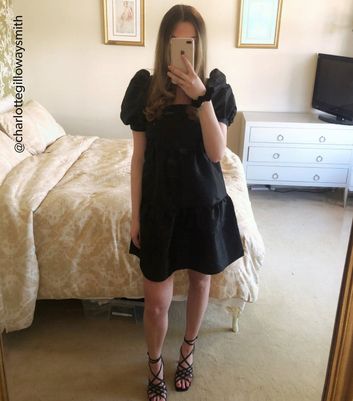 Black Taffeta Puff Sleeve Smock Dress 