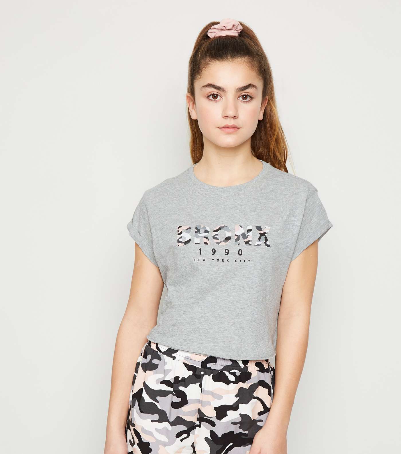 Girls Grey Bronx Camo Slogan Crop T-Shirt