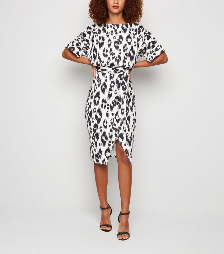 White Leopard Print Belted Midi Dress New Look