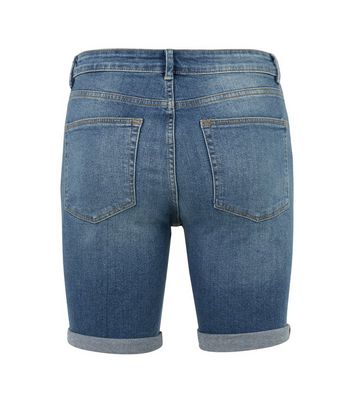 shop for Men's Blue Mid Wash Ripped Denim Shorts New Look at Shopo