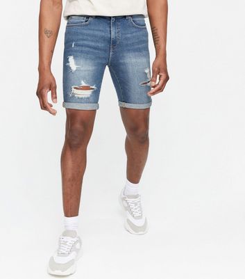 Blue Mid Wash Ripped Denim Shorts | New 