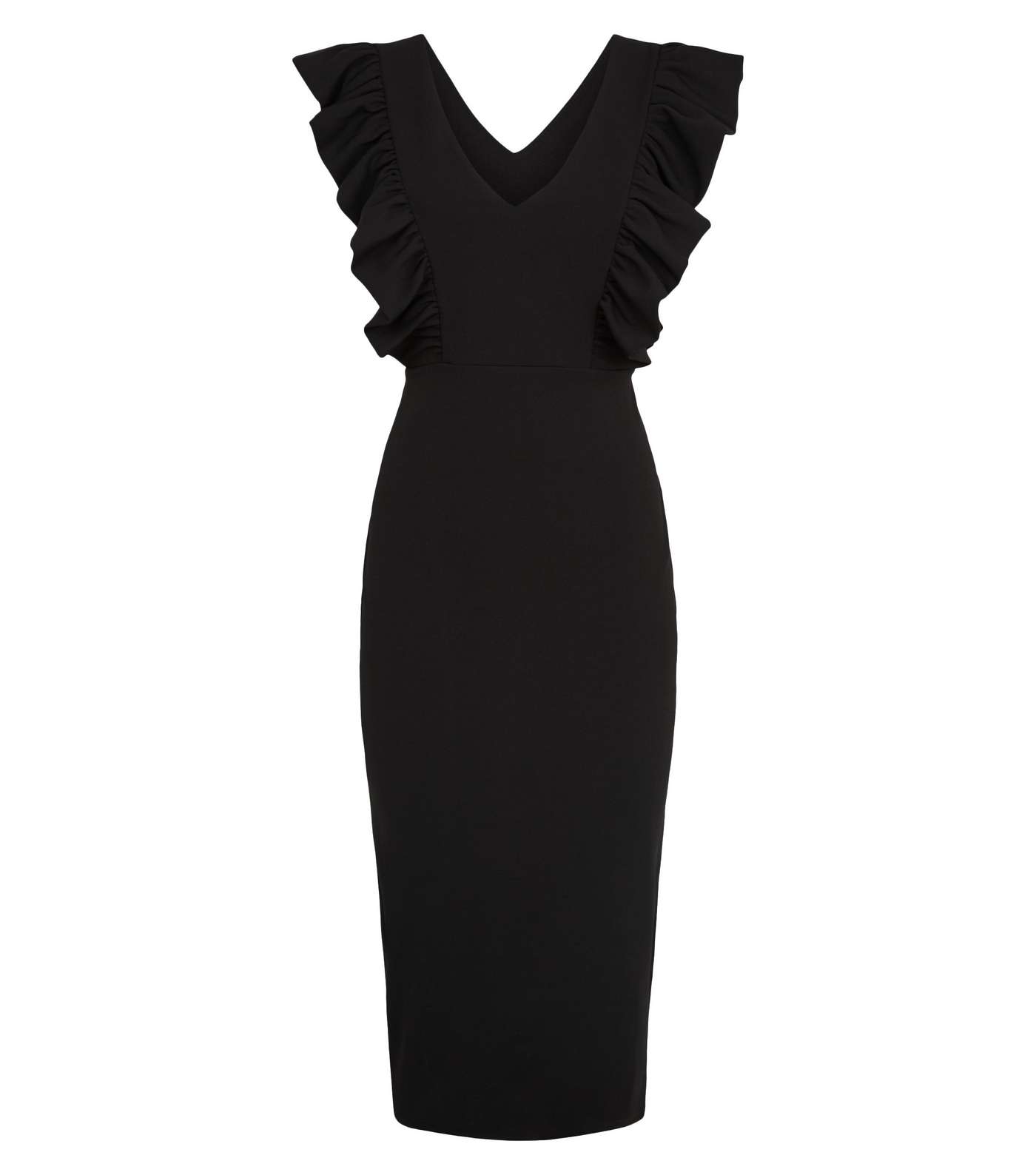 Black Ruffle Trim V Neck Midi Dress Image 4