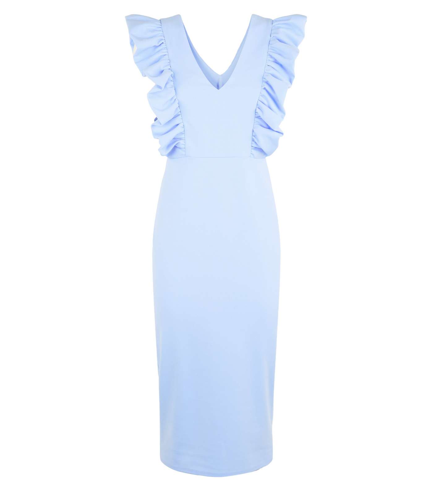 Pale Blue Ruffle Trim V Neck Midi Dress Image 4