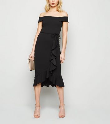 Image of Black Ruffle Bardot Midi Dress New Look