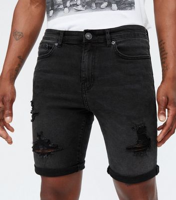 Black denim shorts ripped mens sale