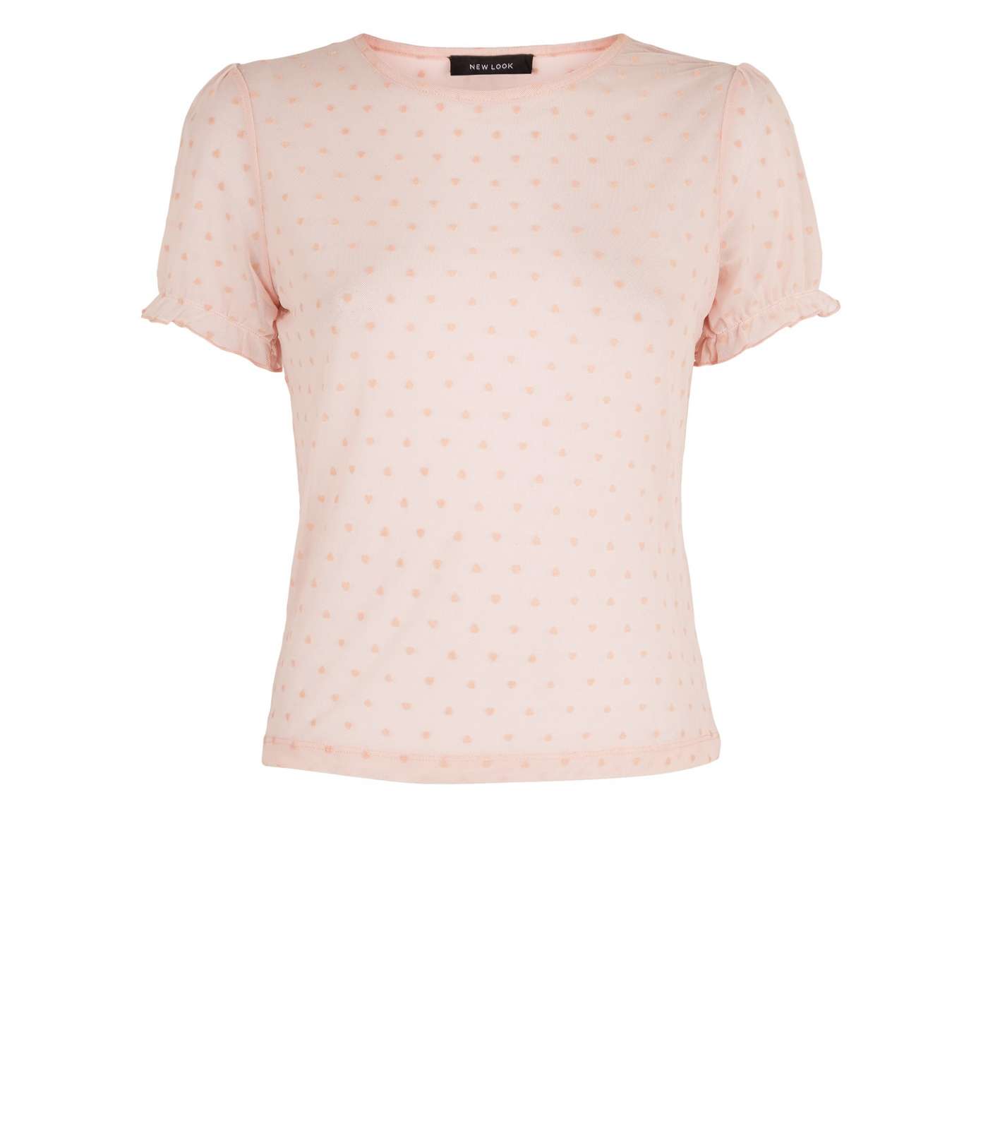 Pale Pink Heart Flocked Mesh Puff Sleeve Top Image 4