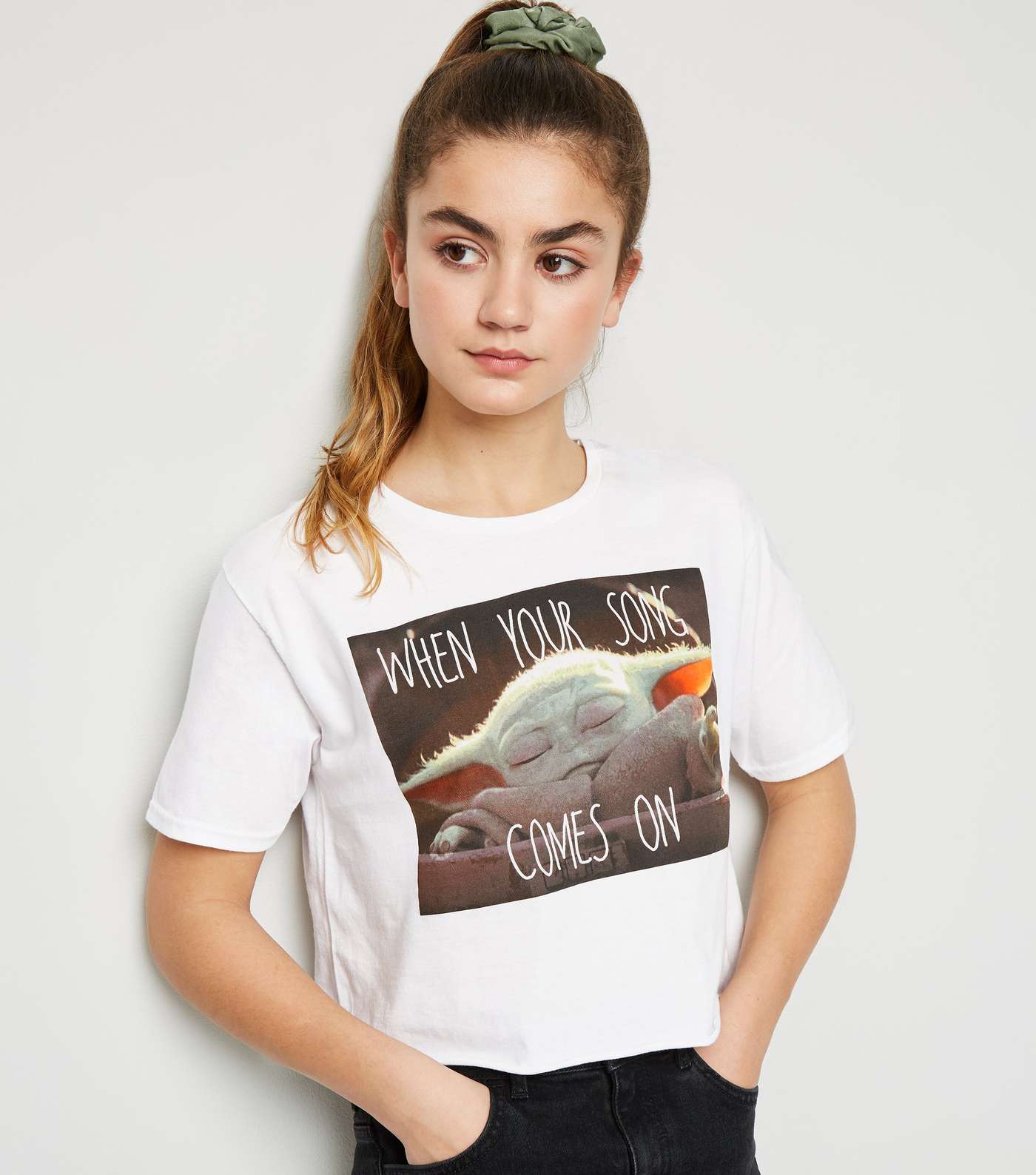 Girls White Baby Yoda Song Meme T-Shirt Image 5